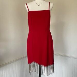 Trixxi - Red Asymmetrical Rhinestone Fringe Spaghetti Strap Knee Length Dress